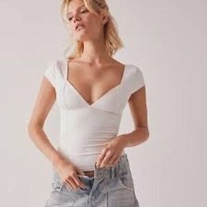 Free People‎ Sweetheart Tee Top Fitted V Neck Short Sleeve pink Size S